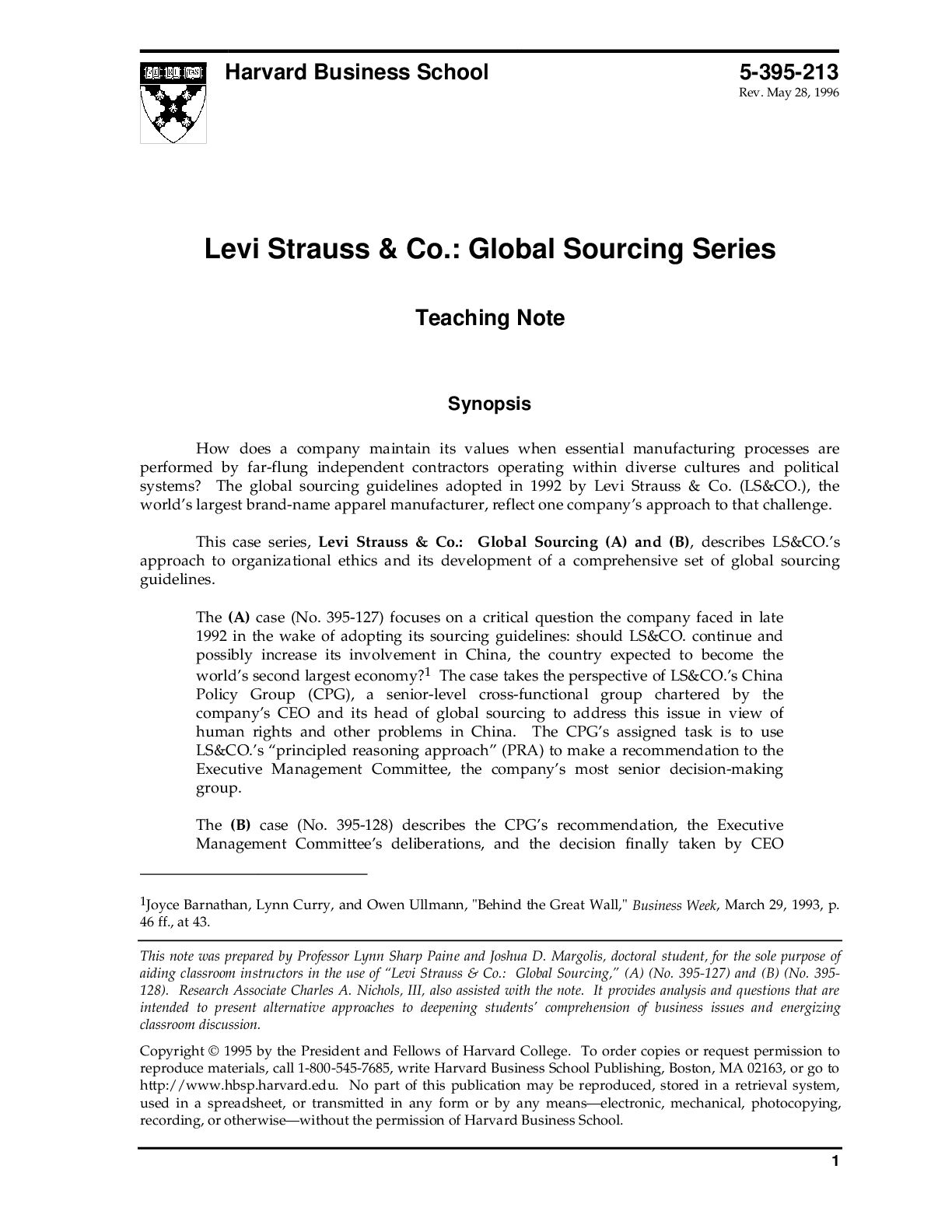 Preview image of Case Solutions/ Notes for Levi Strauss & Co By Mark Leslie document